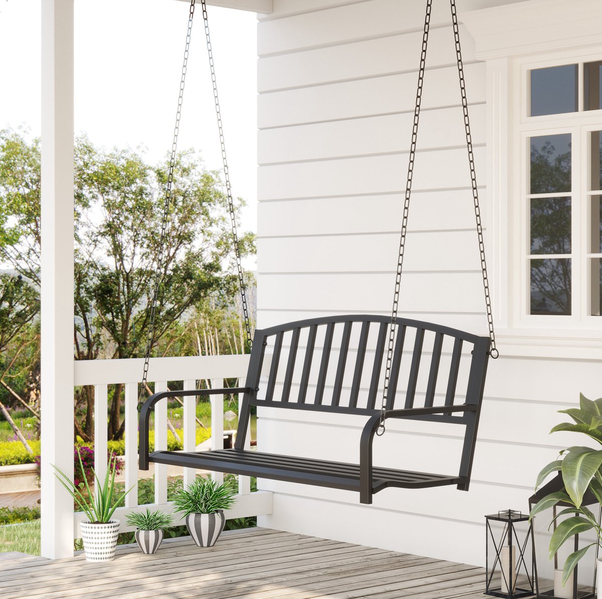 MEUNIQ schommelbank 2-zits 127 x 60 x 53 cm metaal zwart hangbank voor tuin en terras met rugleuning, armleuningen en 2 metalen kettingen van 350 cm