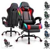 Zwarte gamingstoel met rode accenten, LED-verlichting en uittrekbare voetensteun.