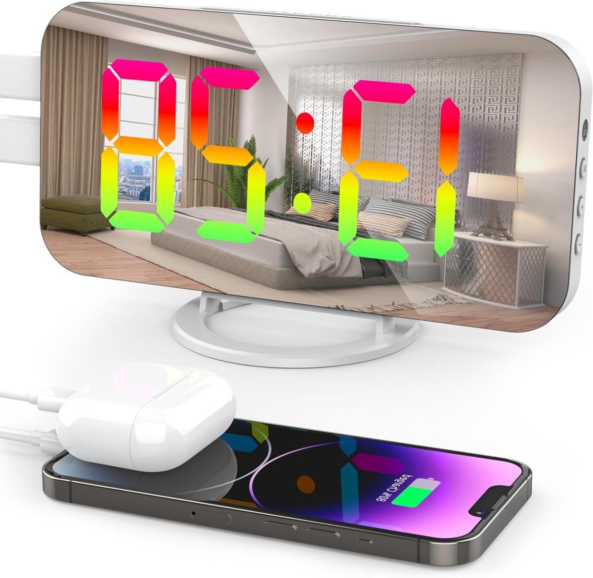 RGB Spiegel Wekker - Grote Display Klok - Slaapkamer Decoratie - Automatische Helderheid - 6.2 Inch Scherm - 11 Kleuren LED