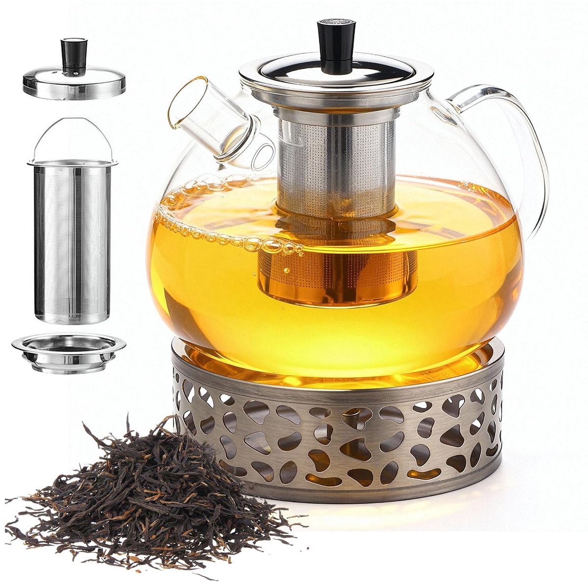 Theepot met stoofje, 1500 ml, theepot met zeef en deksel, glazen theemaker met afneembare zeefinzetstuk, hittebestendige glazen kan voor losse thee, vruchtenthee, geurende thee, bloementhee (zilver)