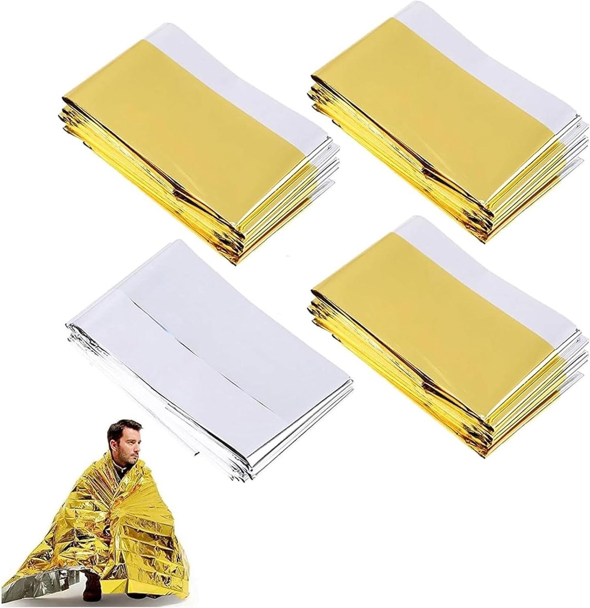 Reddingsdeken Set - Nooddeken Thermodeken - Outdoor Overleven - Weerbestendig Herbruikbaar - 4 Stuks - Goud Zilver