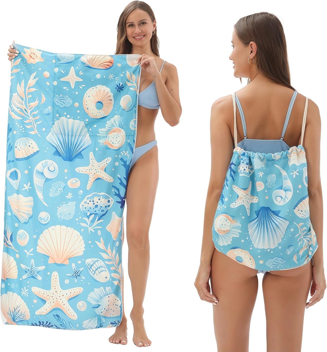 2-In-1 Opvouwbare Strandhanddoek Met Rugzak - 140x70 Cm - Voor Kamperen, Yoga En Reizen - Absorberend Badlaken Met Opbergvak - Omkeerbaar Strandkleed En Draagtas - Blauwe Schelp Print