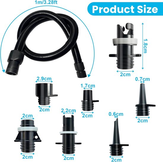 Pompadapterset - Opblaasbare luchtslang met 7 luchtventielmondstukken - Vervangende accessoires voor opblaasbare stand-up paddleboards en opblaasboten — afbeelding 4