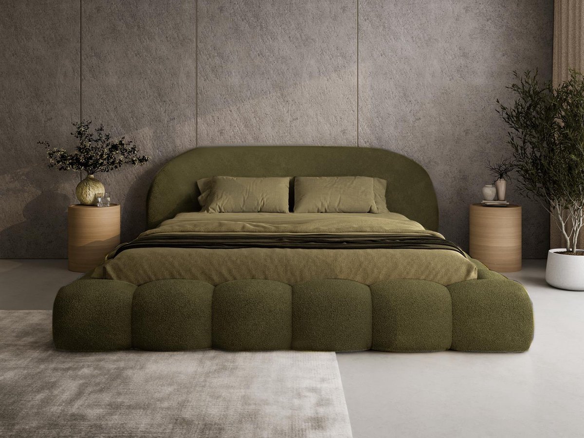 Compleo24 Bubble Gestoffeerd Bed met Afgerond Hoofdbord – Tweepersoonsbed in Bouclé 180x200 cm- Olijfgroen