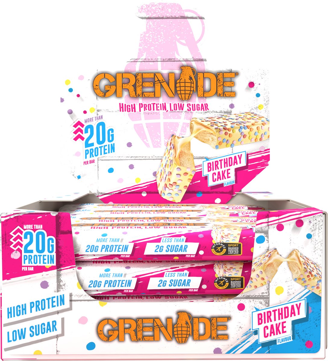 Grenade - High Protein, Low sugar - Protein bar - Birthday Cake - 21g eiwit - 12 x 60g - Eiwitreep - Diverse smaken
