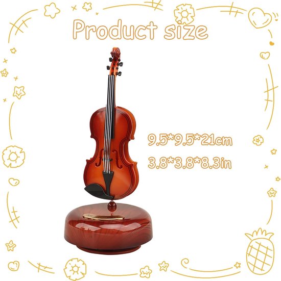 Een bruine viool-muziekdoos op een houten sokkel, met productafmetingen 9.5x9.5x21cm.