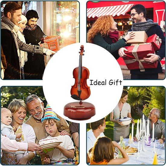 Collage van mensen die cadeaus geven en ontvangen, een viool-muziekdoos en een feestelijke tafelsetting.