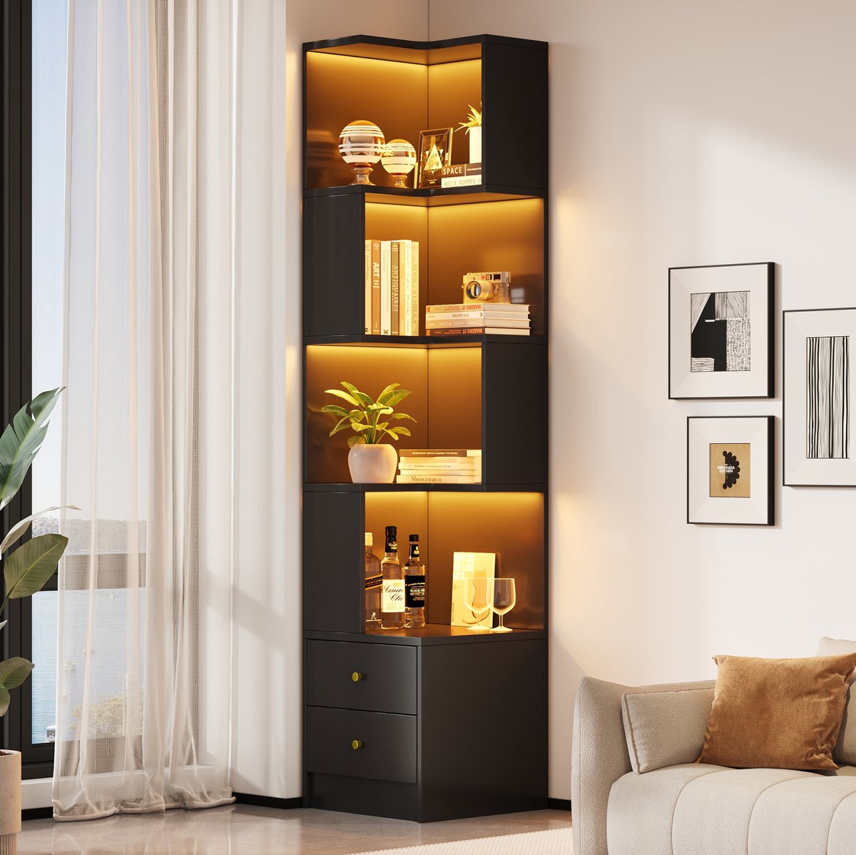FloraGrace Hoekkast Boekenkast - Met Ledverlichting En 2 Lades - Voor Slaapkamer Woonkamer Of Kantoor - MDF - 45 x 43,5 x 180 Cm - Zwart