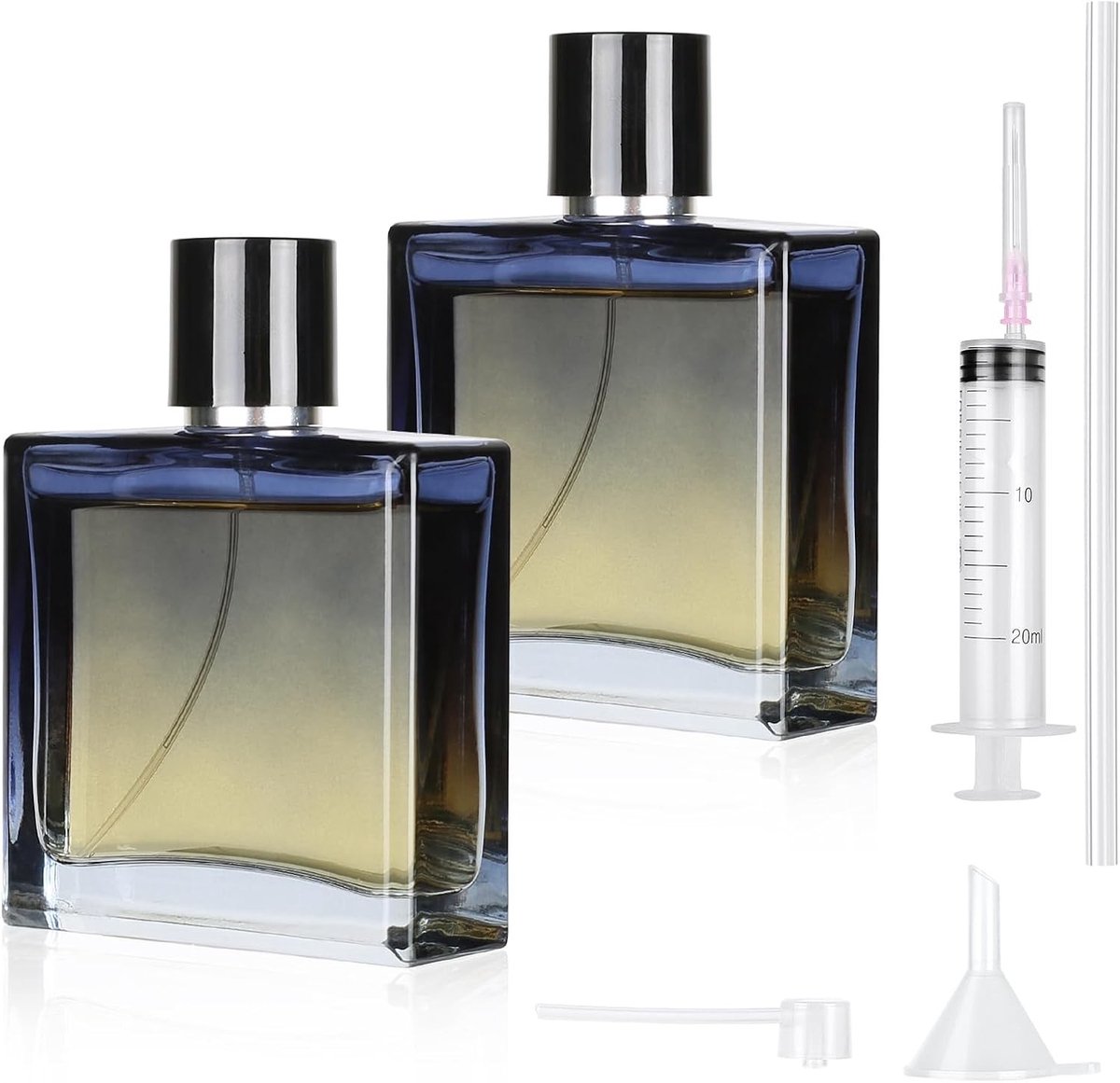 Set van 2 Stuks 100ml Parfumatomizers, Blauwe Reiskruik voor Parfum, Draagbare Lege Glazen Sprayflessen met Trechter en Spuit voor Gemakkelijk Reizen en Opbergen