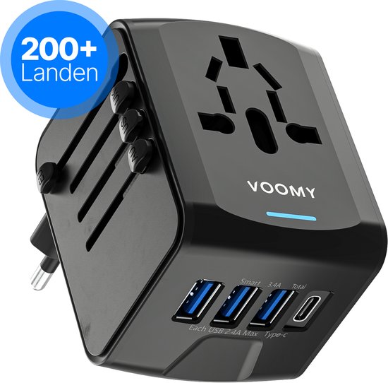 Voomy Reisstekker 200+ landen - Universele Wereldstekker - 1 USB-C & 3 USB-A - Reisadapter Wereld Engeland (UK), Amerika (USA), Australië, Zuid Amerika, Afrika, Italië, Thailand - zwart