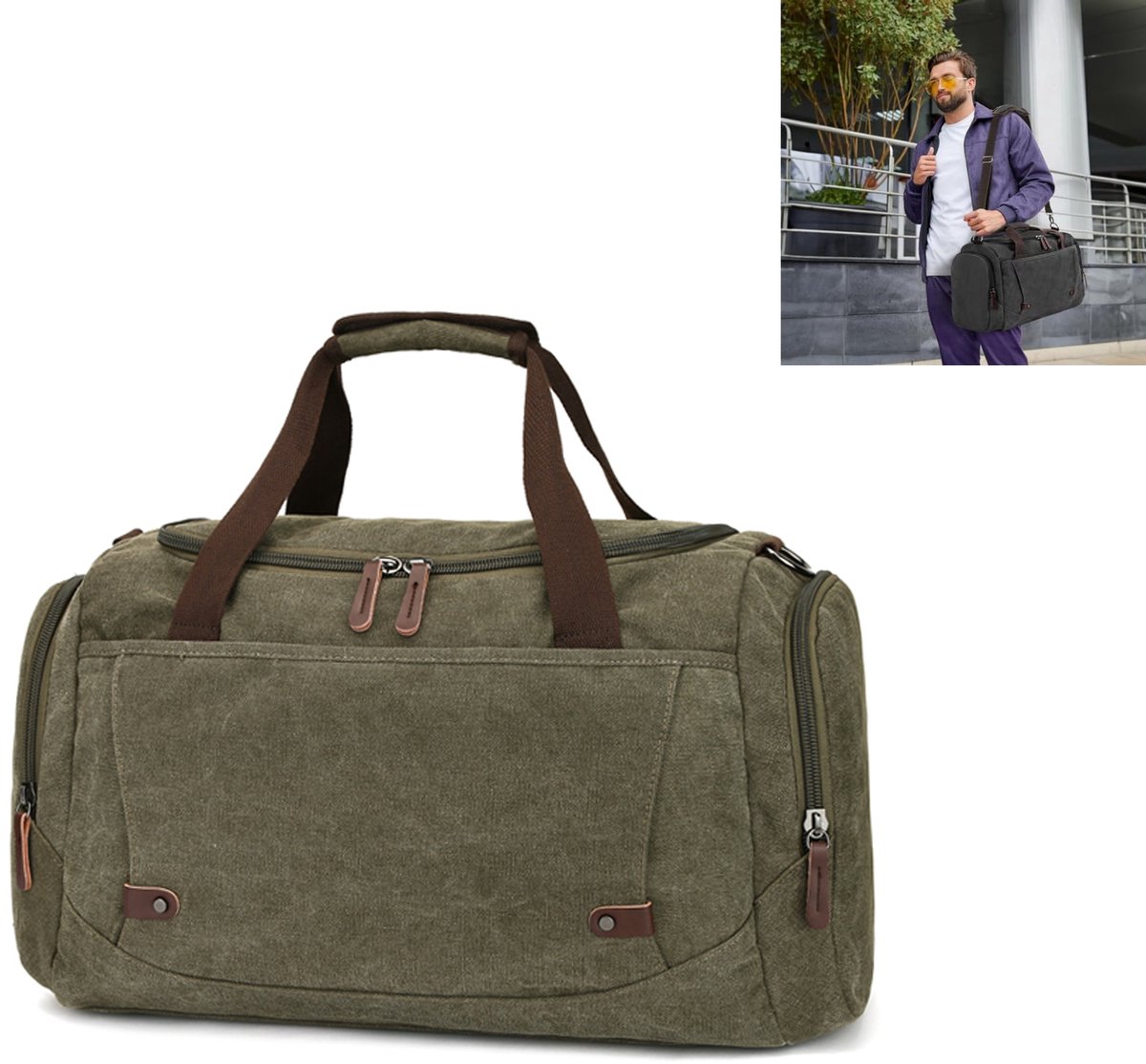 KZQ Stijlvolle canvas reisduffel voor dames en heren - Multifunctionele weekendtas voor overnachting en reizen - Legergroen