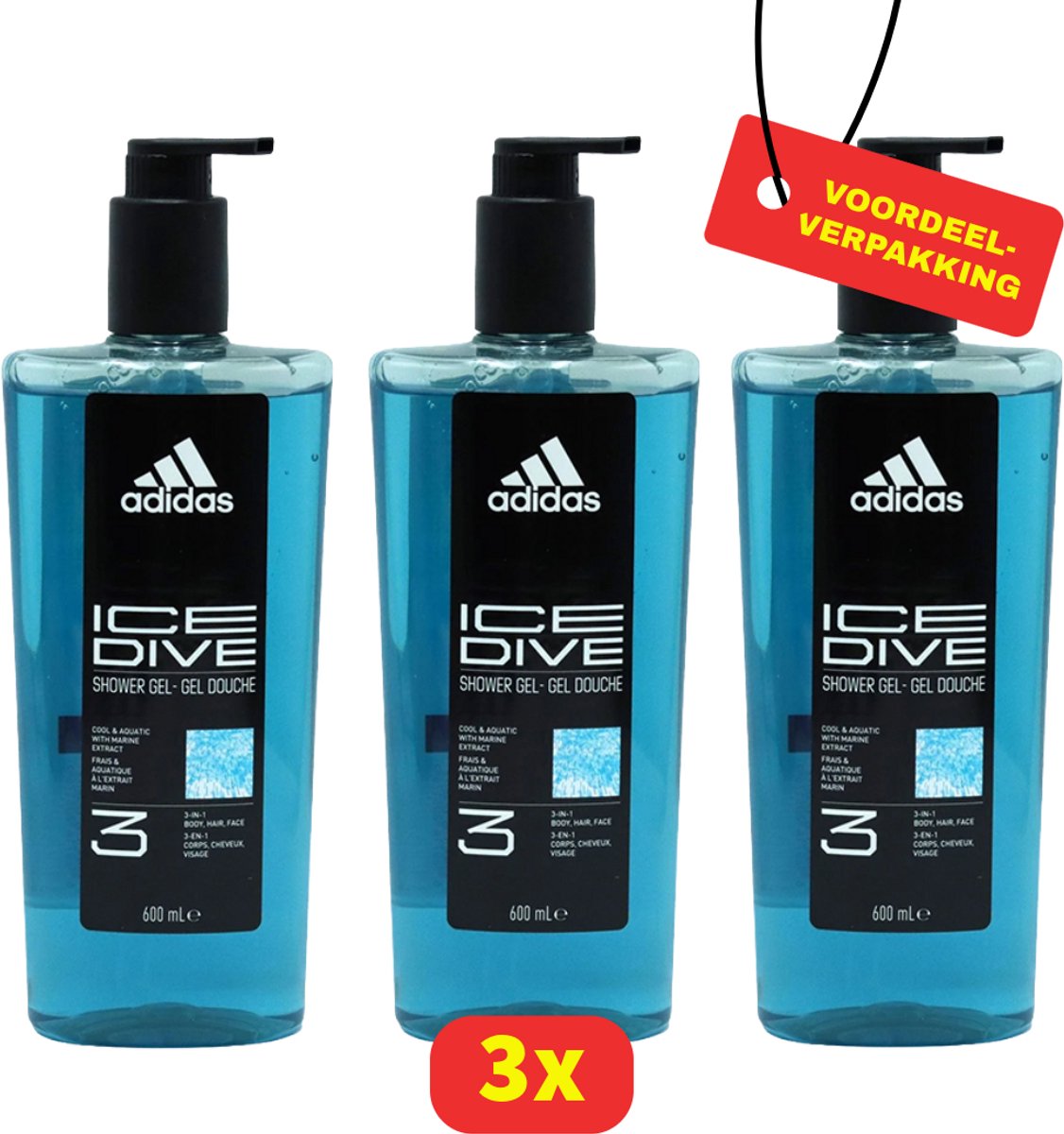 Adidas Ice Dive 3-in-1 Douchegel met Pomp – Lichaam, Gezicht & Haar – 3x 600 ml - Voordeelverpakking!