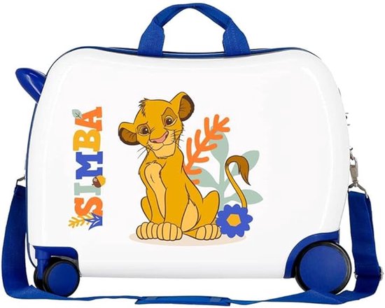 Witte kinderkoffer met een afbeelding van Simba uit De Leeuwenkoning, met "SIMBA" erop.
