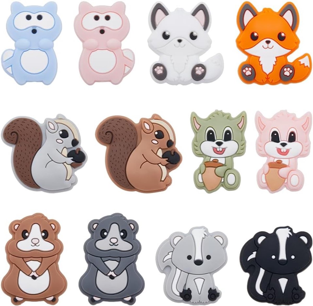 12PCS Dieren Siliconen Kralen in 6 Stijlen - Schattige Cartoon Eekhoorn Kralen voor Sleutelhangers, Pennen en Creatieve Knutselprojecten