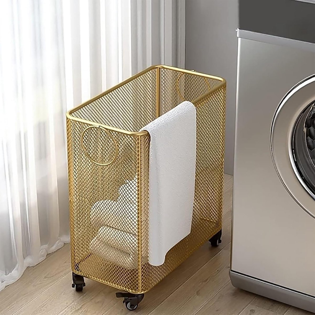 Metalen Wasmand Opbergmand Wielen Was Sorteren Ventilerend Rasterontwerp Grote Capaciteit Goudkleurig