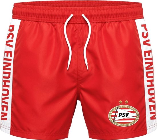 Rode zwembroek met witte zijstrepen waarop 'PSV EINDHOVEN' staat. PSV-logo met twee sterren op de rechterpijp.