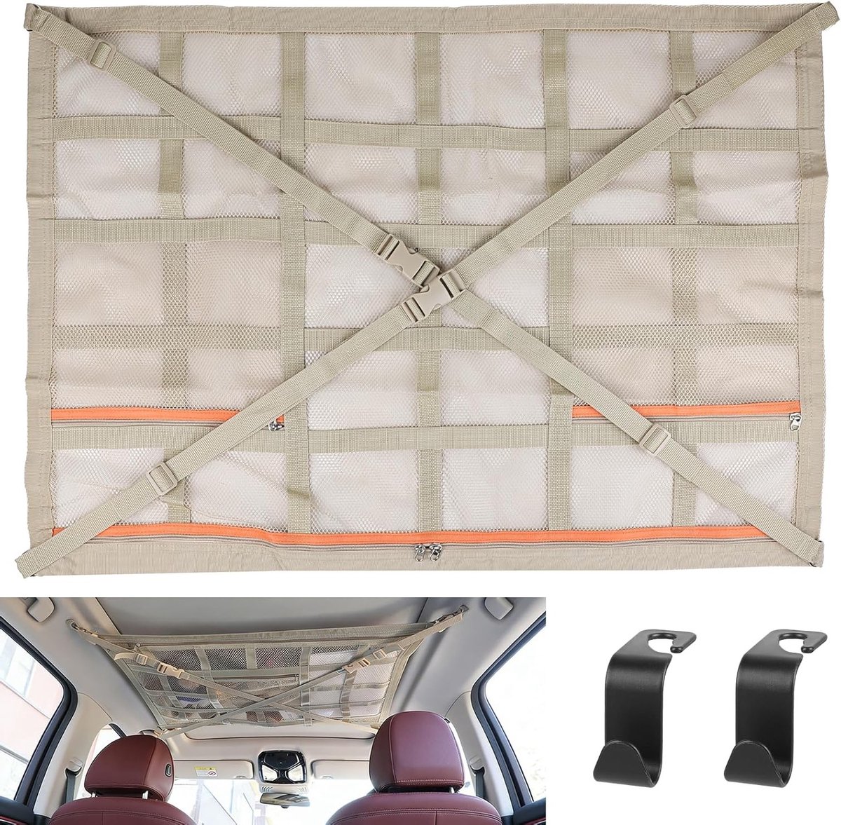 Luggage Net voor Auto - Universele Dubbellaagse Dakkoffer 90 x 65 cm - Ideaal voor SUV en Van - Beige Autodakopslag met Rits