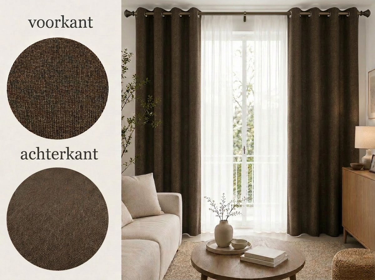 Kant-en-klare 100% Verduisterende Blackout & Thermische Gordijnen met Ringen – 140x240 CM – Bruin – Linnenlook – Everyday Elegance Elite Series
