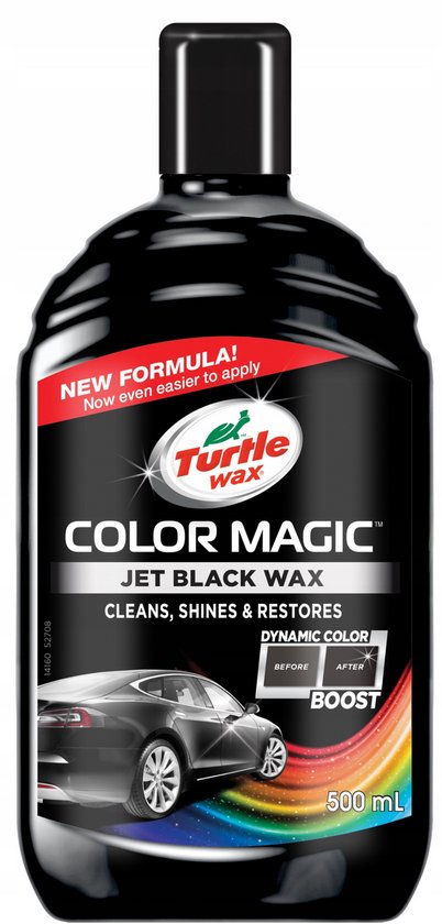 Fles Turtle Wax Color Magic Jet Black Wax met een afbeelding van een glanzende zwarte auto en regenboogeffect.