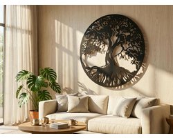 VAILLA ronde levensboom wanddecoratie hout 67 cm, 3D muurdecoratie zwart goud voor woonkamer interieur