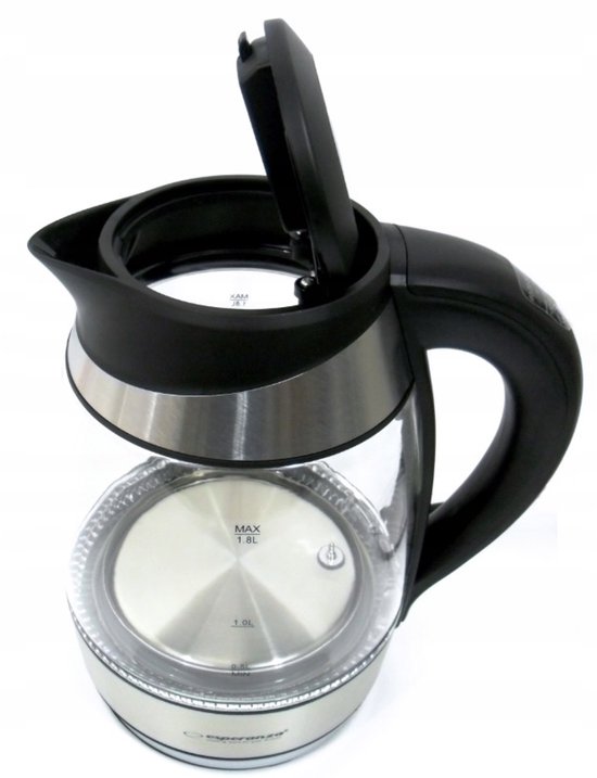 Glazen waterkoker met roestvrijstalen accenten en een openklapbaar deksel.