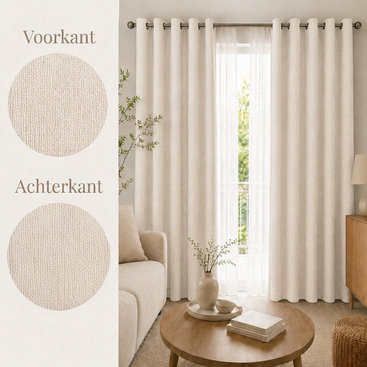Kant-en-klare 100% Verduisterende Blackout & Thermische Gordijnen met Ringen – 140x240 CM – Beige – Linnenlook – Everyday Elegance Elite Series
