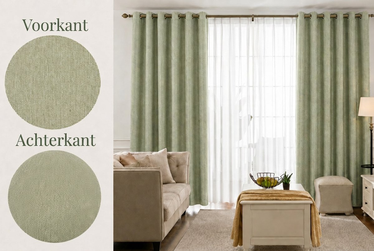 Kant-en-klare 100% Verduisterende Blackout & Thermische Gordijnen met Ringen – 140x260 CM – Groen – Linnenlook – Everyday Elegance Elite Series
