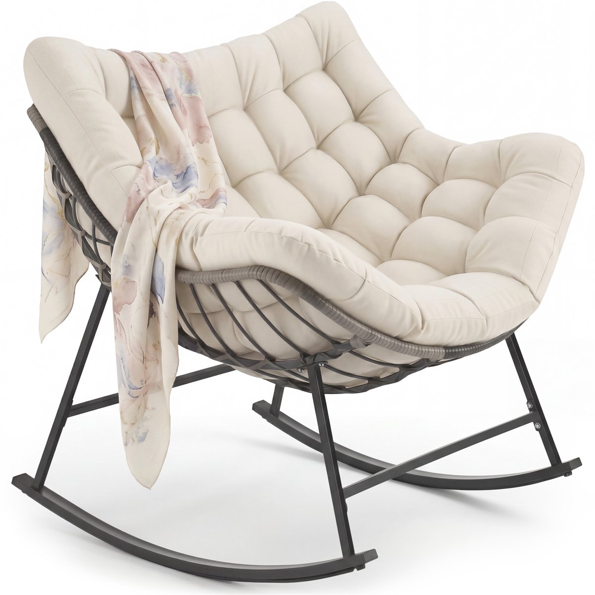 tectake® Wicker Schommelstoel - Voor Binnen en Buiten - Gestoffeerd - Stikpatroon - Stalen Frame - Met Comfortabel Zitkussen - Fauteuil - Loungestoel - Tuinstoel - Relaxstoel - Draagkracht 120kg - Weerbestendig - Beige