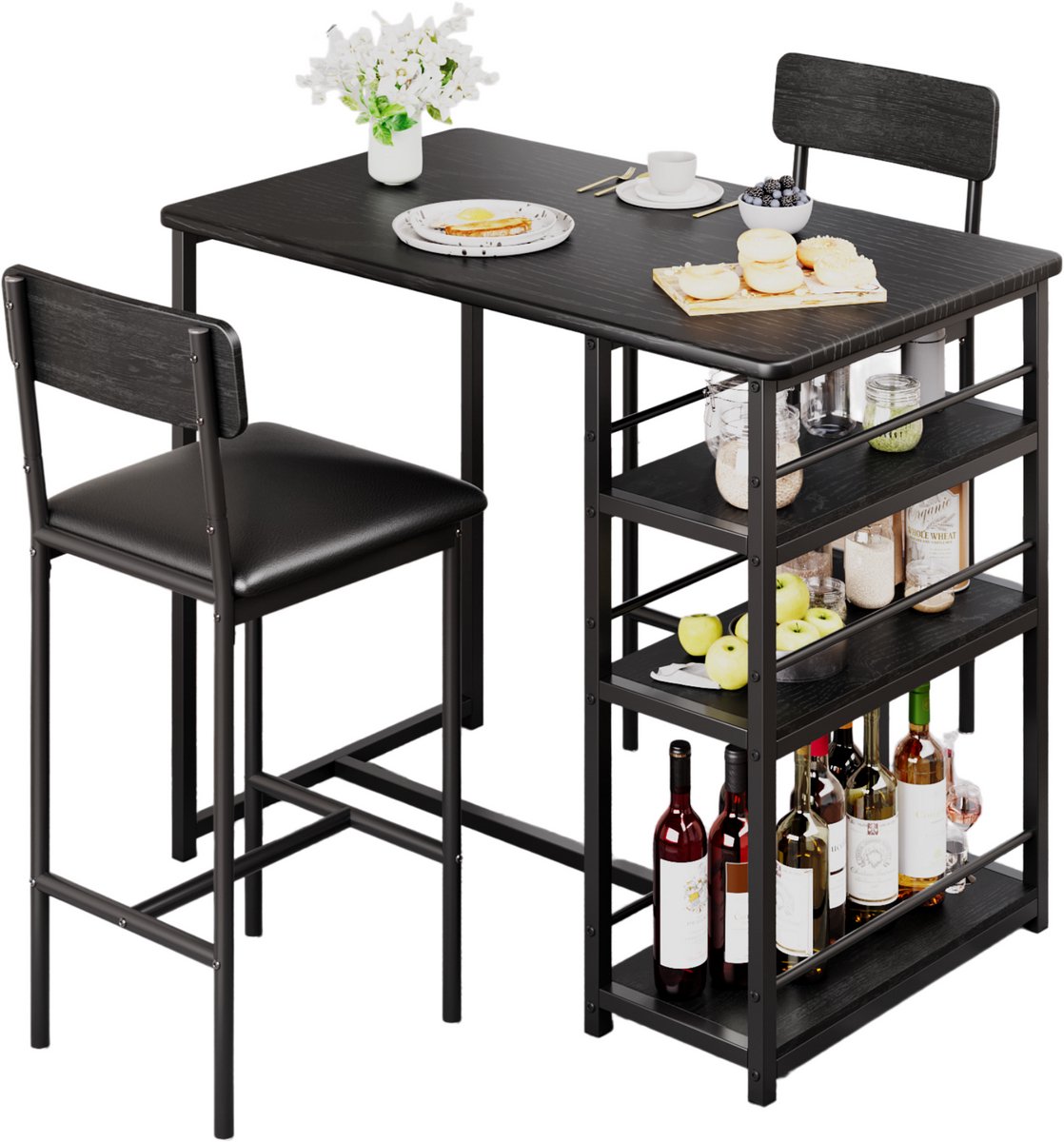 3-delig Eettafel Set - 91x50x91cm - Bartafel met Opbergrekken - 2 Beklede Stoelen met Rugleuning - Compact voor Restaurant Appartement of Bistro - Zwart