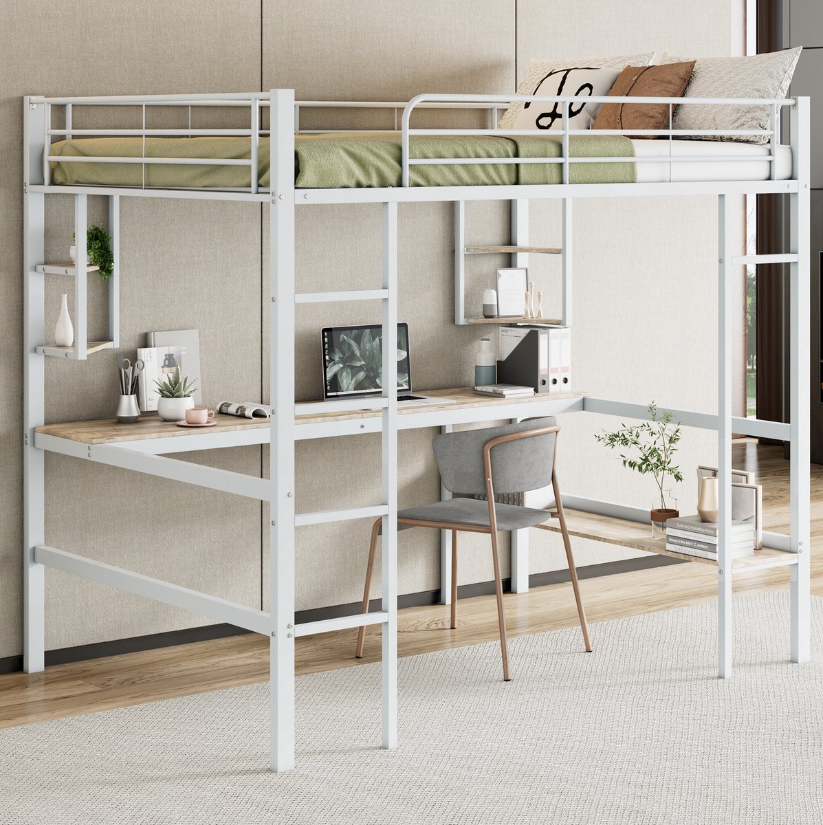 MEUNIQ Hoogslaper 140x200 cm met bureau, ladder, vier kleine opbergrekken en groot boekenrek, metalen bedframe in wit voor slaapkamer en studeerkamer White