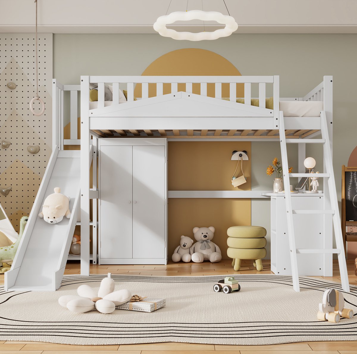 MEUNIQ Hoogslaper kinderbed 90x200 cm met glijbaan, vierstaps ladder, bureau, kleiderschrank en uitvalbeveiliging voor kinderkamer, wit White