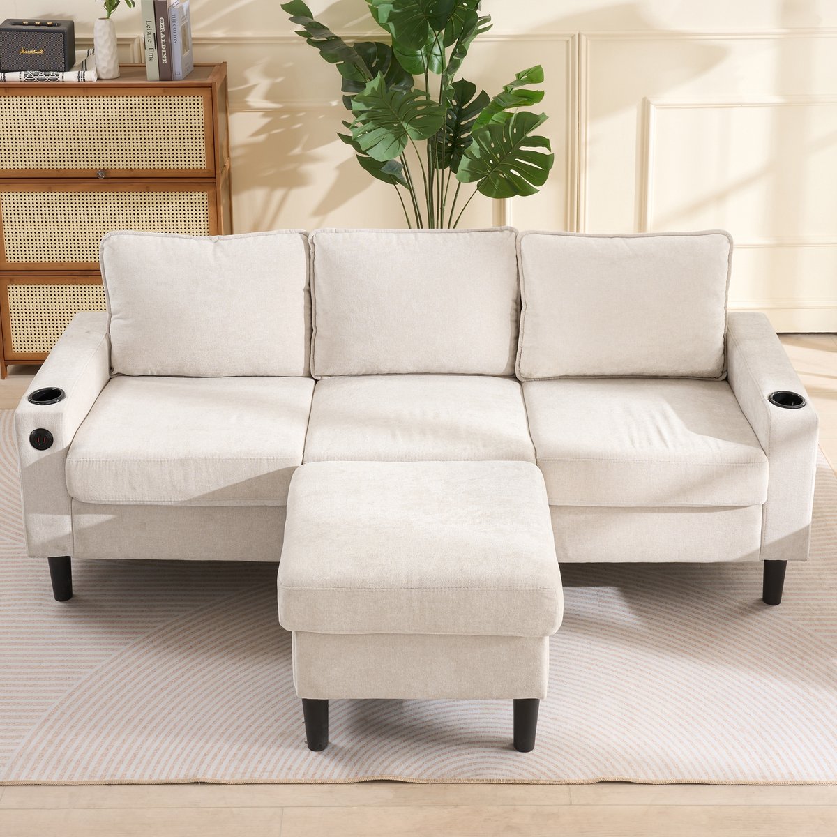 DESMIU Hoekbank 202 Cm - L-Vormige Slaapbank Met USB, Type-C, Bekerhouders En Voetenbank - Voor Woonkamer En Slaapkamer - Linnen Beige
