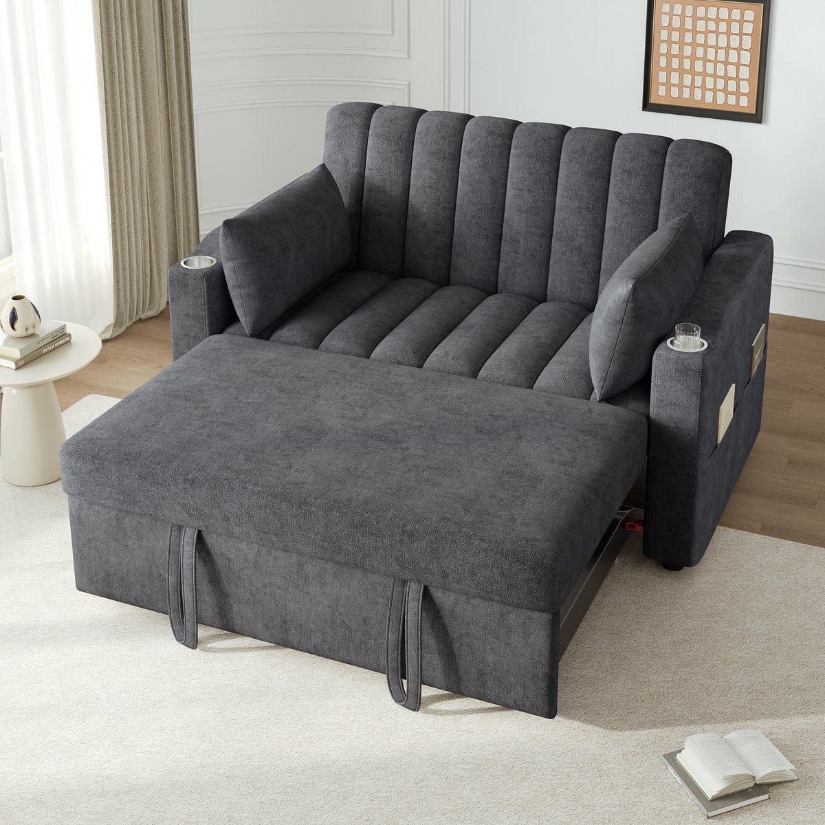 DESMIU Slaapbank 136 x 84 cm - Verstelbare Rugleuning Met Bekerhouders En Opbergvakken - Voor Woonkamer En Slaapkamer - Katoen Linnen Grijs