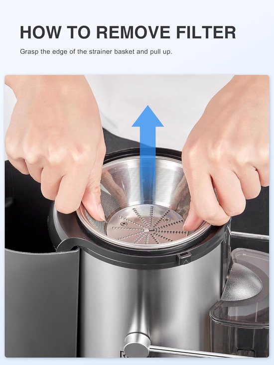 Sapcentrifuge 800W - Elektrische Juicer voor Hele Groenten en Fruit - Sapmachine met 3 Inch Brede Vulopening, 2 Snelheden en Reinigingsborstel - Makkelijk Schoon te Maken — afbeelding 3