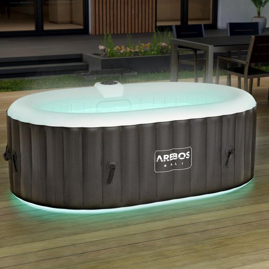 Opblaasbaar bubbelbad met witte rand en groene LED-verlichting aan de onderkant.