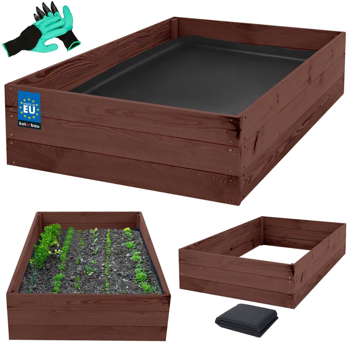 KOTARBAU® Moestuinbak, Verhoogd Tuinbed, Geïmpregneerd Hout, 120 x 80 x 18 cm, Bruin, Plantenbed, met Vlies en Handschoenen met Klauwen, Groentebed, Bloembak Hout Buiten