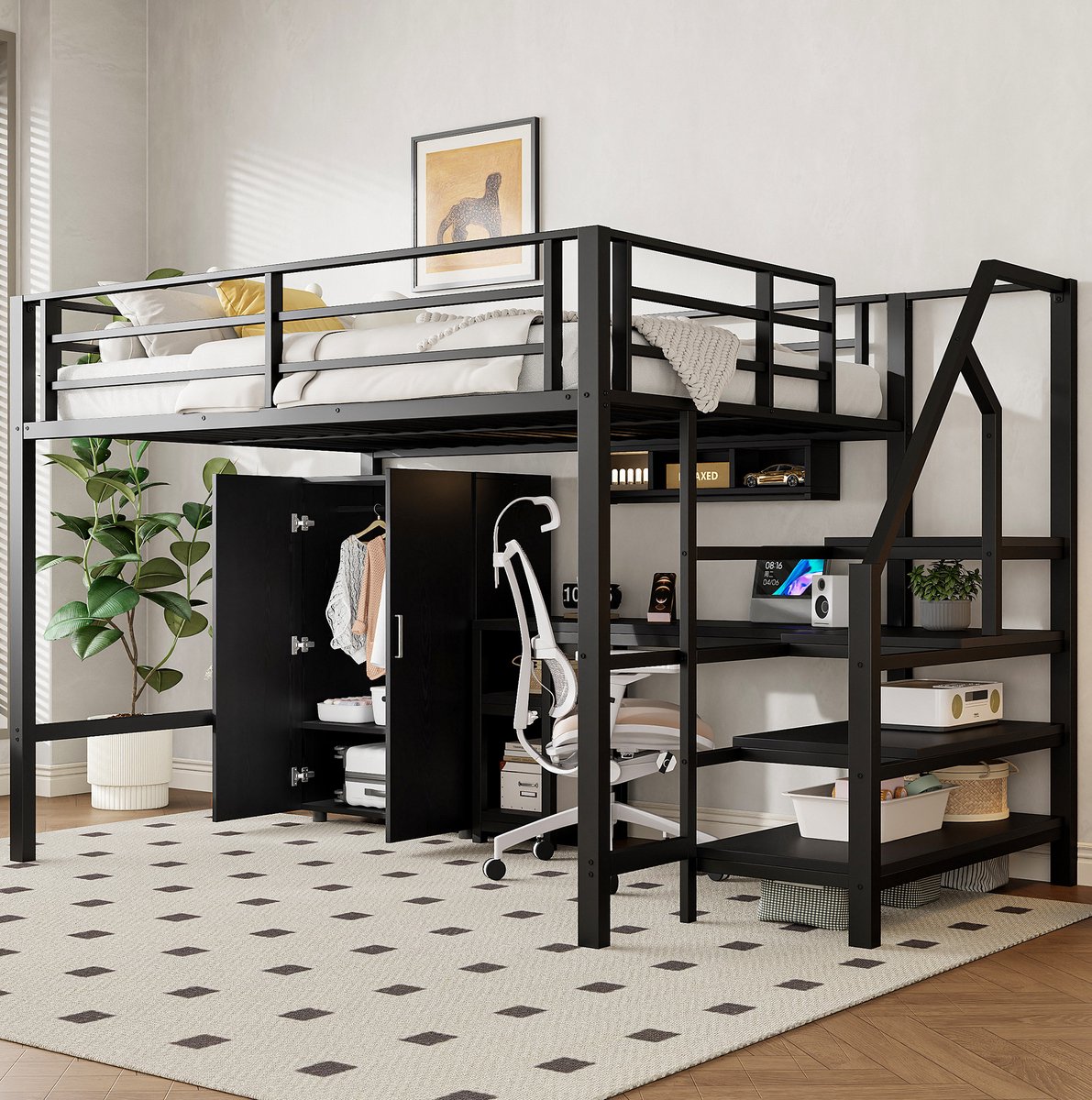 MEUNIQ hoogslaper 140x200 cm met bureau, kledingkast en meerlagige opbergrekken, zwart metalen frame en MDF voor kinderkamer