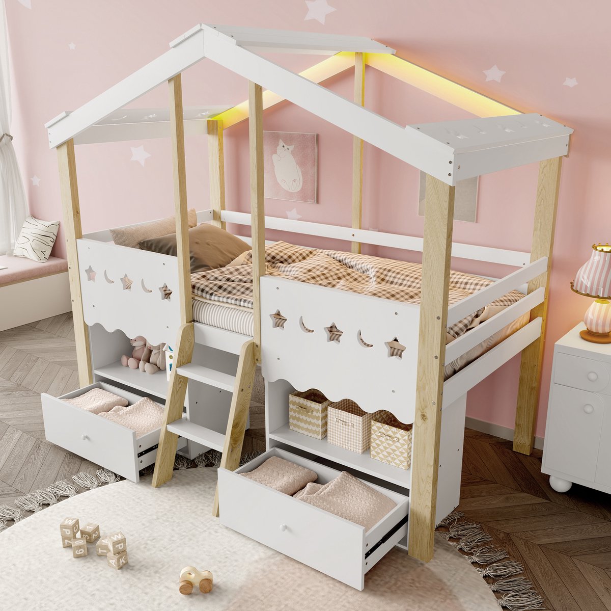 MEUNIQ Halfhoogslaper 90x200 cm in huisvorm met LED-verlichting, 2 lades en opbergruimte voor de kinderkamer in wit en naturel