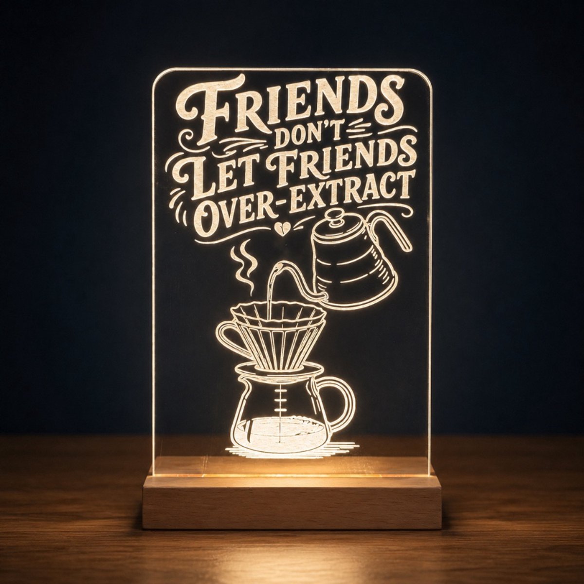 LED Acryl Lampje Koffie – Friends Don't Let Friends Over-Extract - 11cmx17,5cm