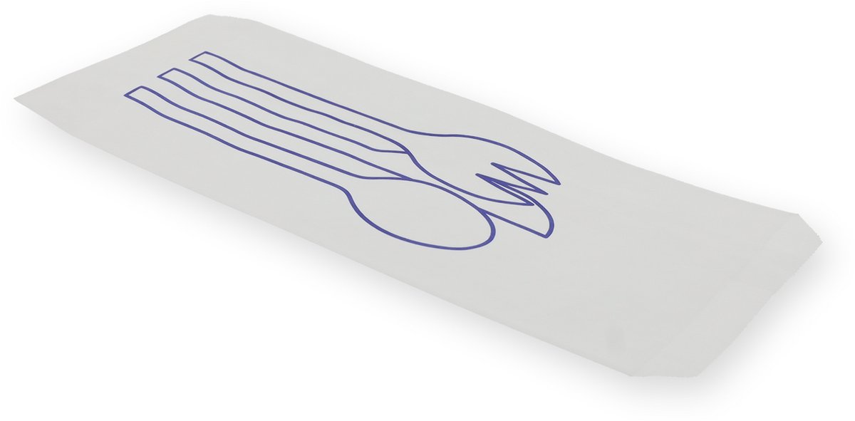 Bestekzakjes, papier 23 x 9 cm wit met blauwe opdruk (2000 STUKS)