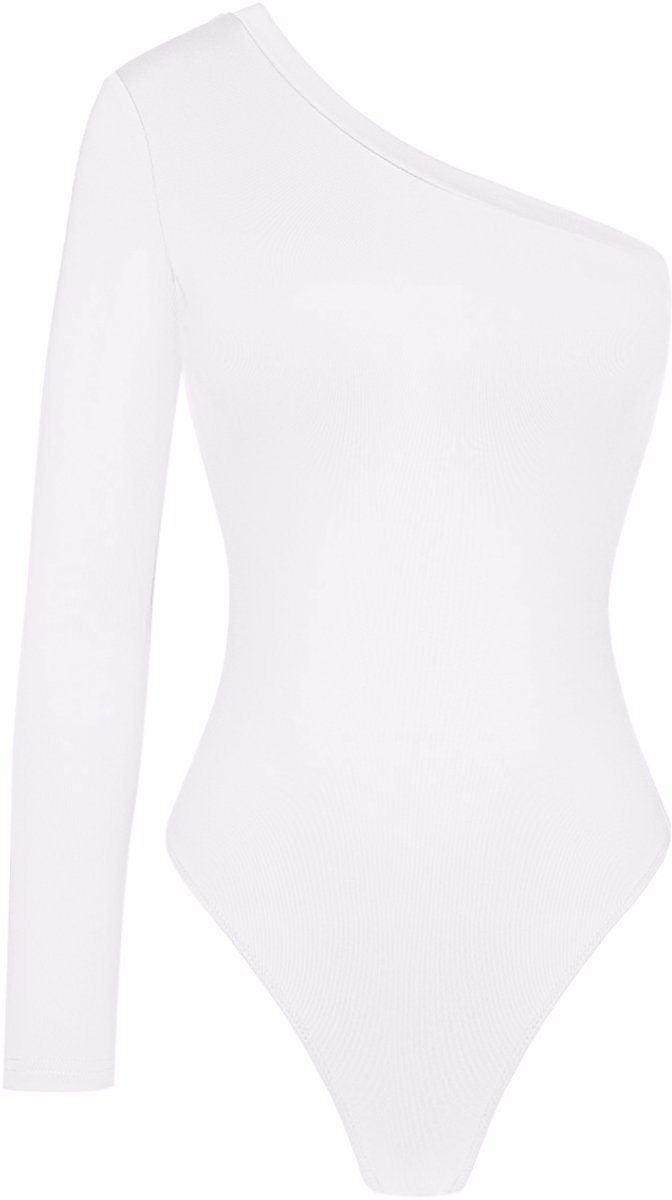 Minimalistische Polyester Vrouwen Een-schouder Bodysuit - Wit - Maat M