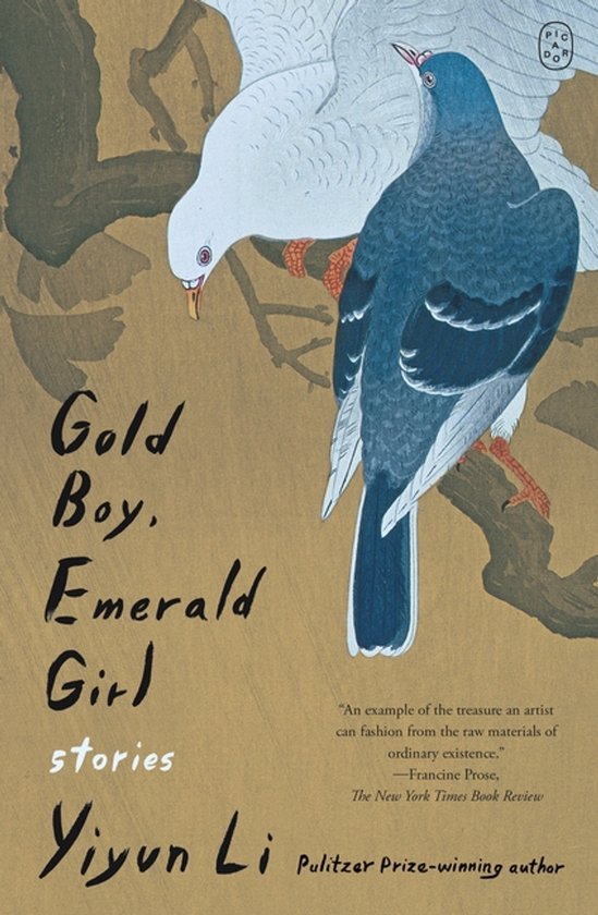 Boekcover 'Gold Boy, Emerald Girl' met een illustratie van twee duiven, één wit en één blauwgrijs, op een tak. De titel staat links in sierlijke letters.