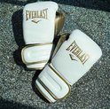 Twee witte Everlast bokshandschoenen met gouden accenten, liggend op een stenen ondergrond.