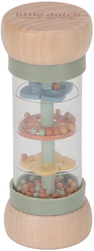 Houten regenrammelaar met transparante cilinder, pastelkleurige balletjes en gekleurde schijfjes.