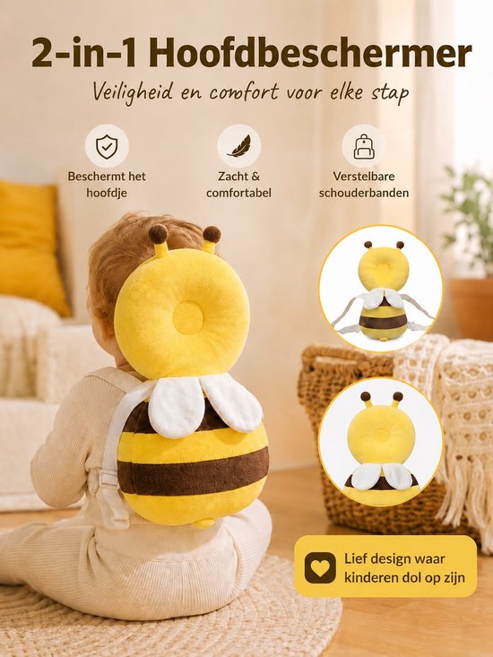 Baby hoofdbeschermer in bijendesign met vleugels en strepen. Zacht en comfortabel, verstelbare bandjes.