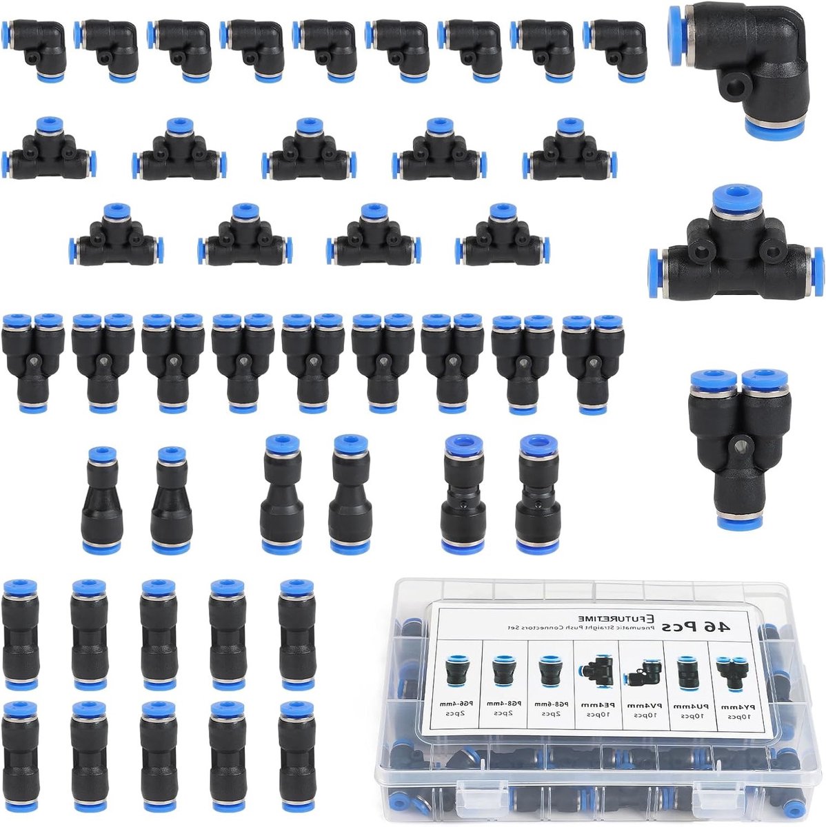 Pneumatische connector set voor 4 mm slang met snelle koppelingen, rechte, hoek-, Y- en T-verbindingen en reductieverbindingen (46-delige set)