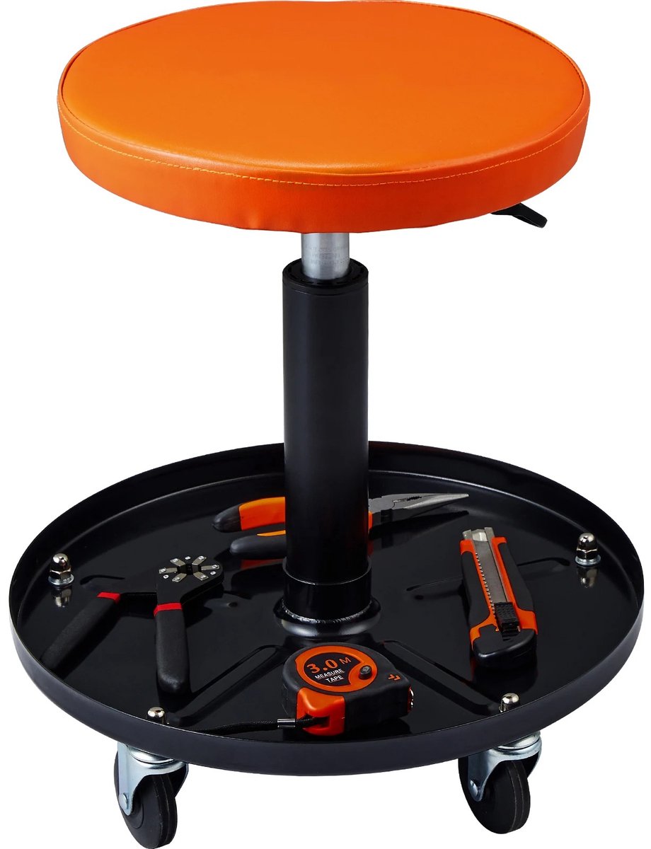 Cherrys Finds - Monteur Kruk - Max 250kg - Rolling Pneumatische Kruipstoel Garage - Verstelbare Hoogte 22 in-28 in Gewatteerde Rolling Workshop Kruk met Gereedschapsbak - Voor Garage - Winkel - Oranje Met Zwart