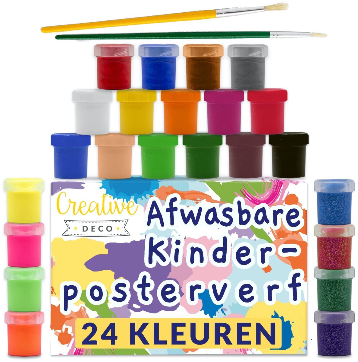 Dailygoods- Verfset 24 potten x 20 ml - Wasbare Verf - Niet-Giftig - Basis/Fluorescerend/Metaalkleuren - Perfect voor Beginners - Creatief en Veilig