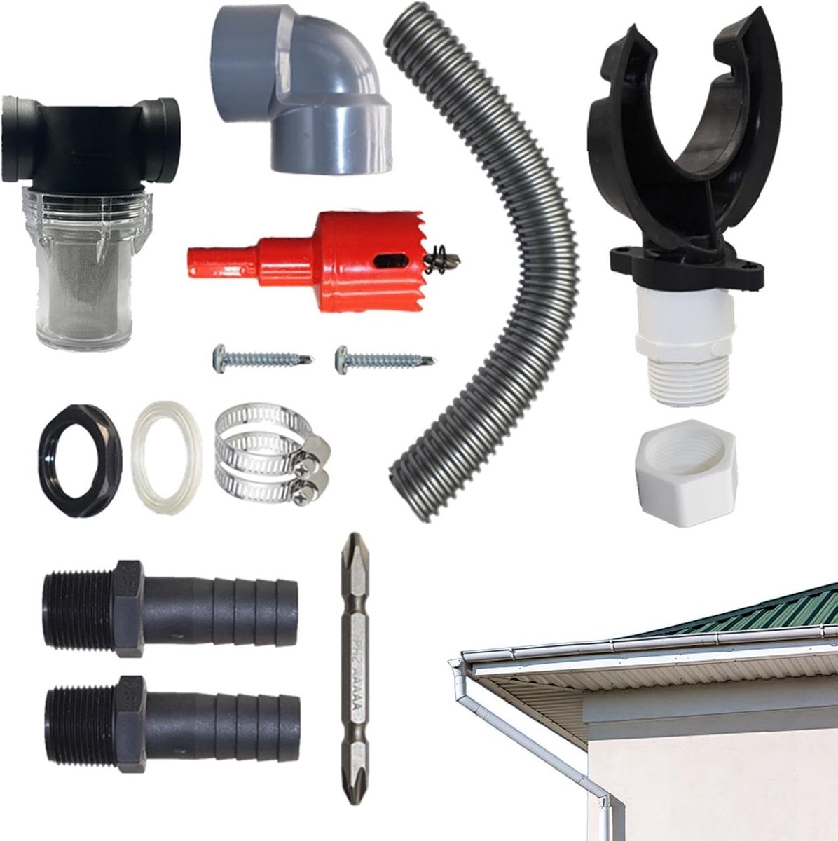 Regenwaterverzamelsysteem - Regenton aansluitset - Efficiënte wateropvang - Duurzaam PVC materiaal - Voor 100-110 mm pijp - Grijs