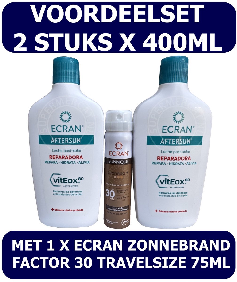 Ecran Aftersun uit Spanje - Voordeelset met 2 x 400ml Ecran Aftersun & 1 x Ecran Zonnebrand Factor 30 Spray 75ml
